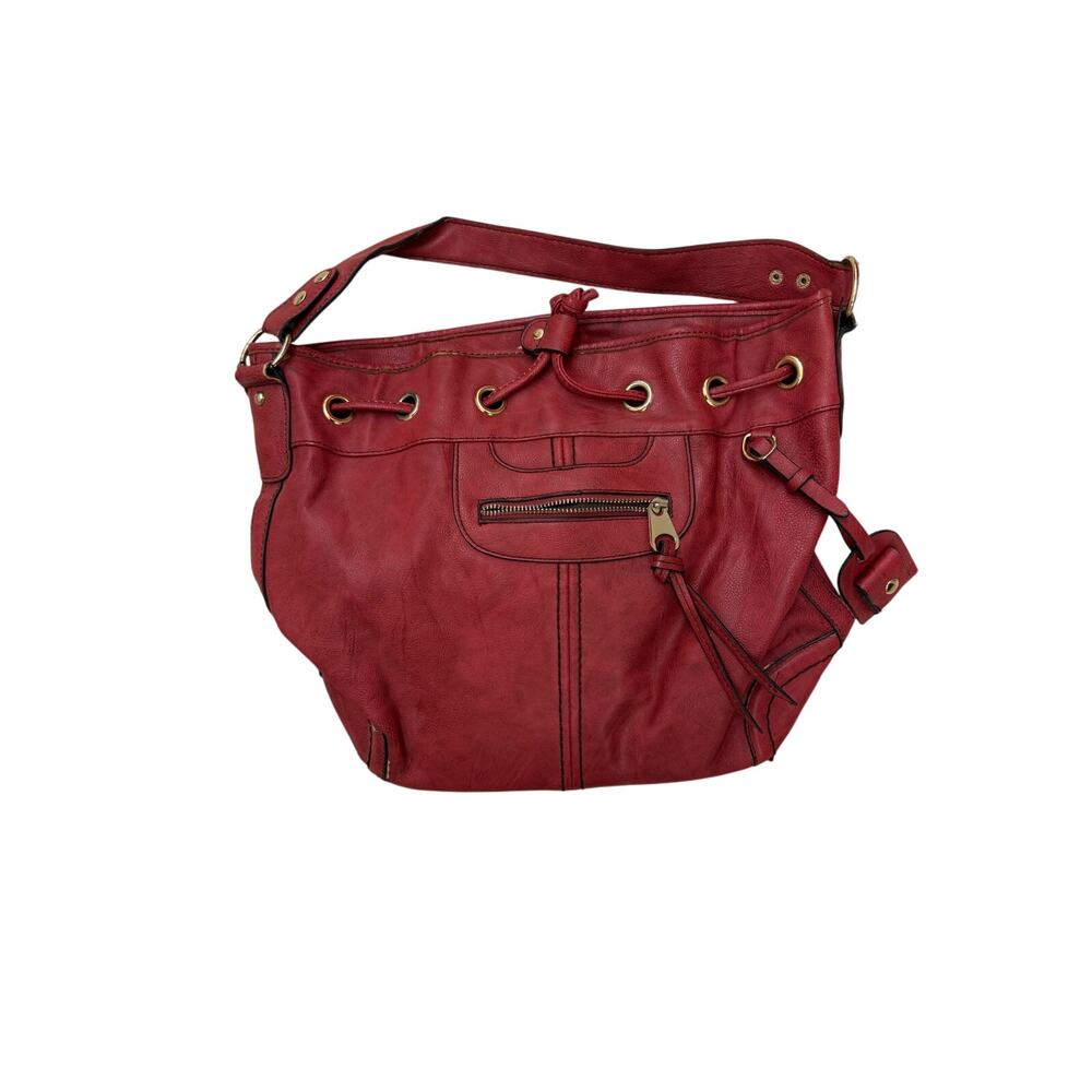 Stylish tomato red quick pull drawstring bucket hand bag vinyl